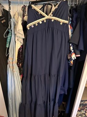 Navy Blue Maxi Dress with Crochet Trim